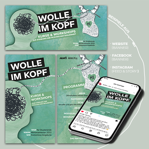 Grafikdesign-Arbeit von Jenny Ohst — Kampagne Wolle im Kopf, Banner-Beispiele für Website, Facebook und Instagram