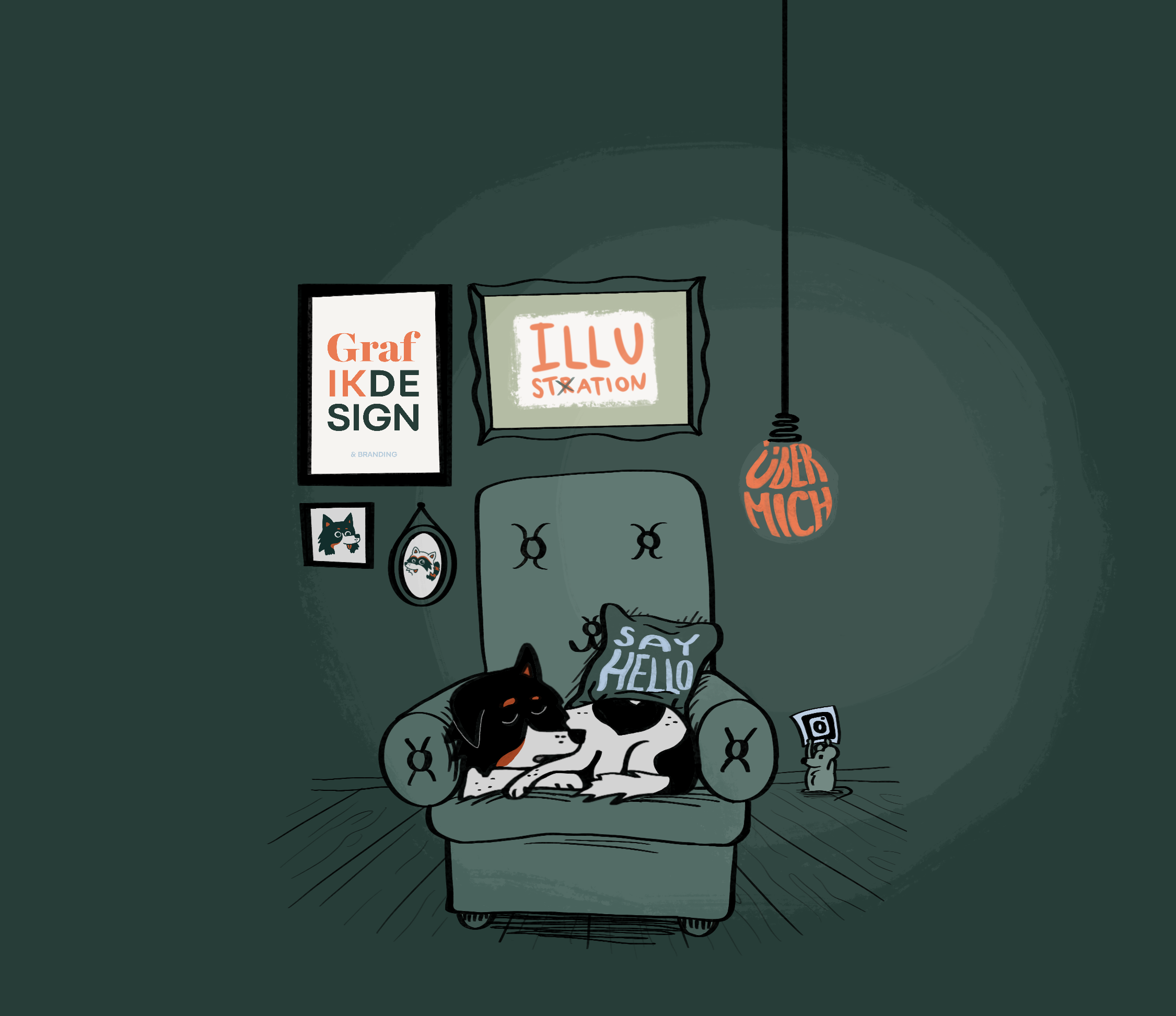 Illustriertes Atelier: ein Sessel mit zwei schlafenden Hunden und einem Say-Hello-Kissen, zwei Bilderrahmen an der Wand und eine hängende Glühbirne mit der Aufschrift Über mich.